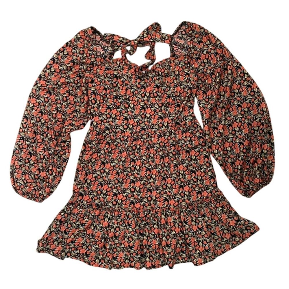 All in Favor NEW Print Smocked Ruffle Long Sleeve Minidress Black Floral Medium